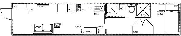 One Bedroom, One Bath Shipping Container Home Floor Plan