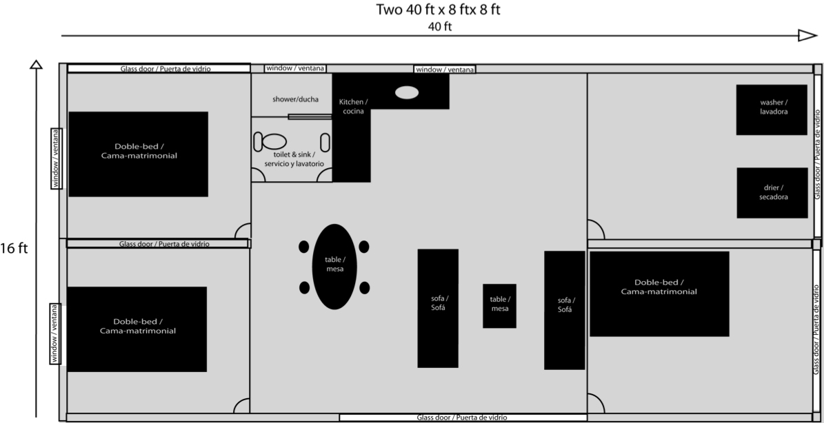 Three Bedroom, One Bath Shipping Container Home Floor Plan