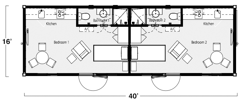 Two Bedroom, Two Bath Shipping Container Home Floor Plan